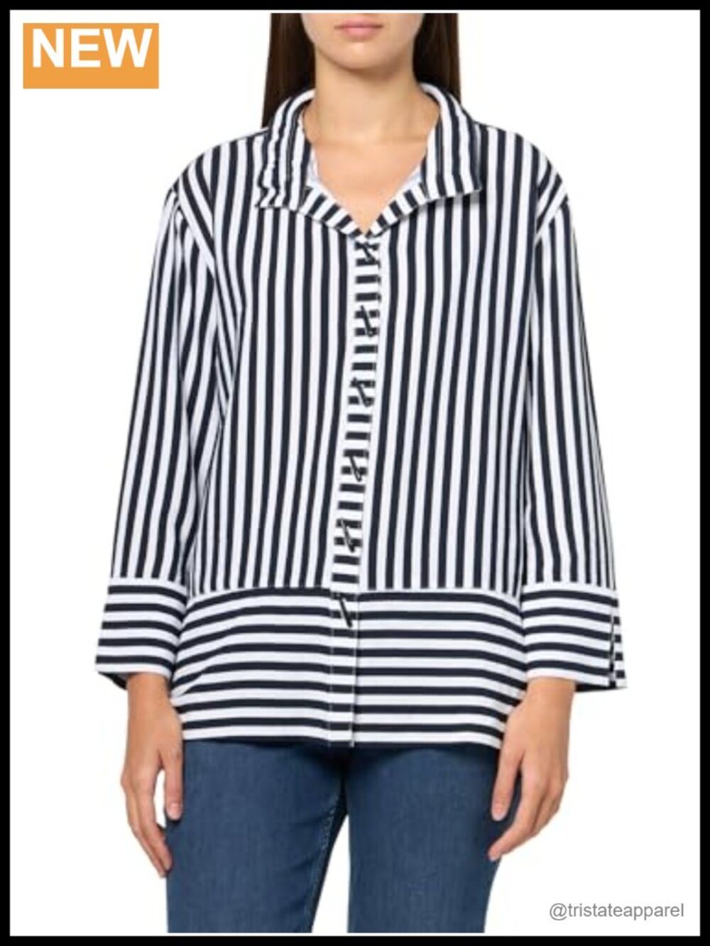 Striped 3/4 Sleeve Wire Collar Button Front Blouse Shirt - 85% Rayon Nylon